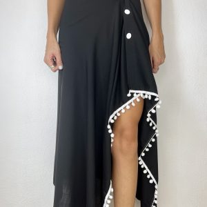 Preta Pompom Branco - Canga Saia Longa